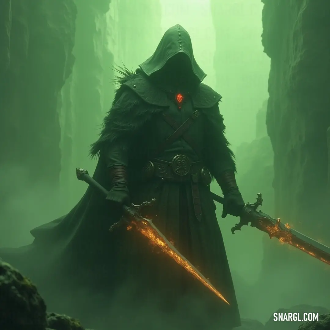 A lone warrior, armed with two swords, stands in the foggy forest, his hooded figure blending into the mist as he prepares for the unknown. A hooded figure stands silently in a foggy forest, holding two swords, his presence both mysterious and formidable amidst the towering trees and rocky terrain.