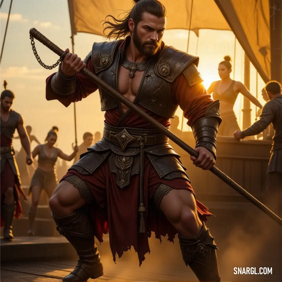 Fenwick, sword in hand, stands at the forefront, while his companions watch, ready for their next challenge, dressed in their unique costumes. Fenwick stands tall, sword in hand, surrounded by his companions in the background. His horned costume shines under the light as they prepare for their next adventure together.