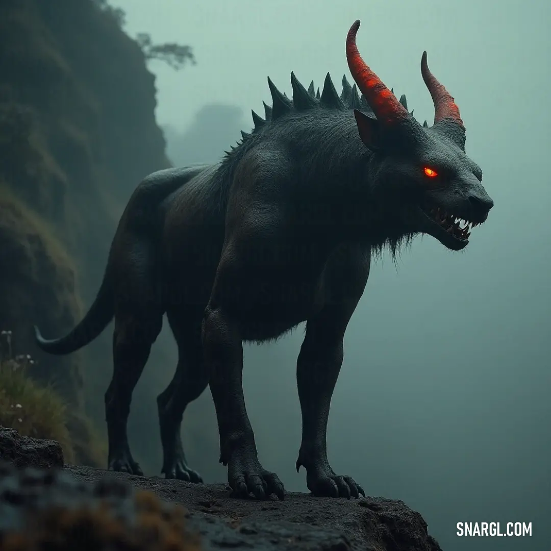 On a fog-kissed mountainside, the fierce Black Feral Chupacabra stands proudly, its red eyes gleaming with intensity amidst nature's alluring yet daunting wilderness. A Black Feral Chupacabra with fierce red eyes stands defiantly on a misty cliff, overlooking a haunting mountainscape, shrouded in fog and mystery.