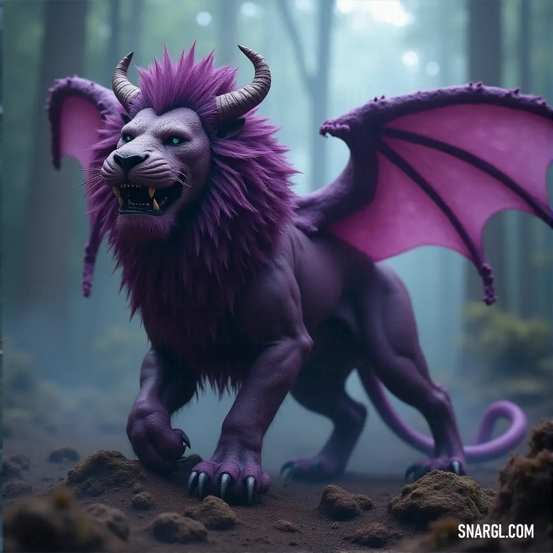 A mighty Purple Feralclaw Manticore, with menacing horns and a fierce expression, stands in the heart of the woods, showcasing its strength and dominance over its surroundings. A Purple Feralclaw Manticore with imposing horns and a fearsome stance stands in the woods, its mouth open in a display of power. The trees around it seem to pale in comparison to its formidable presence.