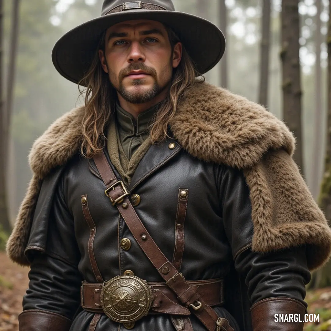 A brightly attired figure dons a striking leather outfit and hat with a fur collar, exuding confidence as they stand proud, the intricate details of their attire highlighting a blend of style and ruggedness.