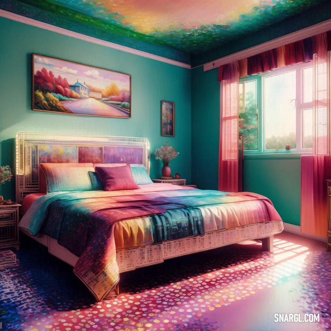 Bedroom with a bed and a painting on the wall above it and a window with a view of a colorful landscape. Example of #4F7942 color.