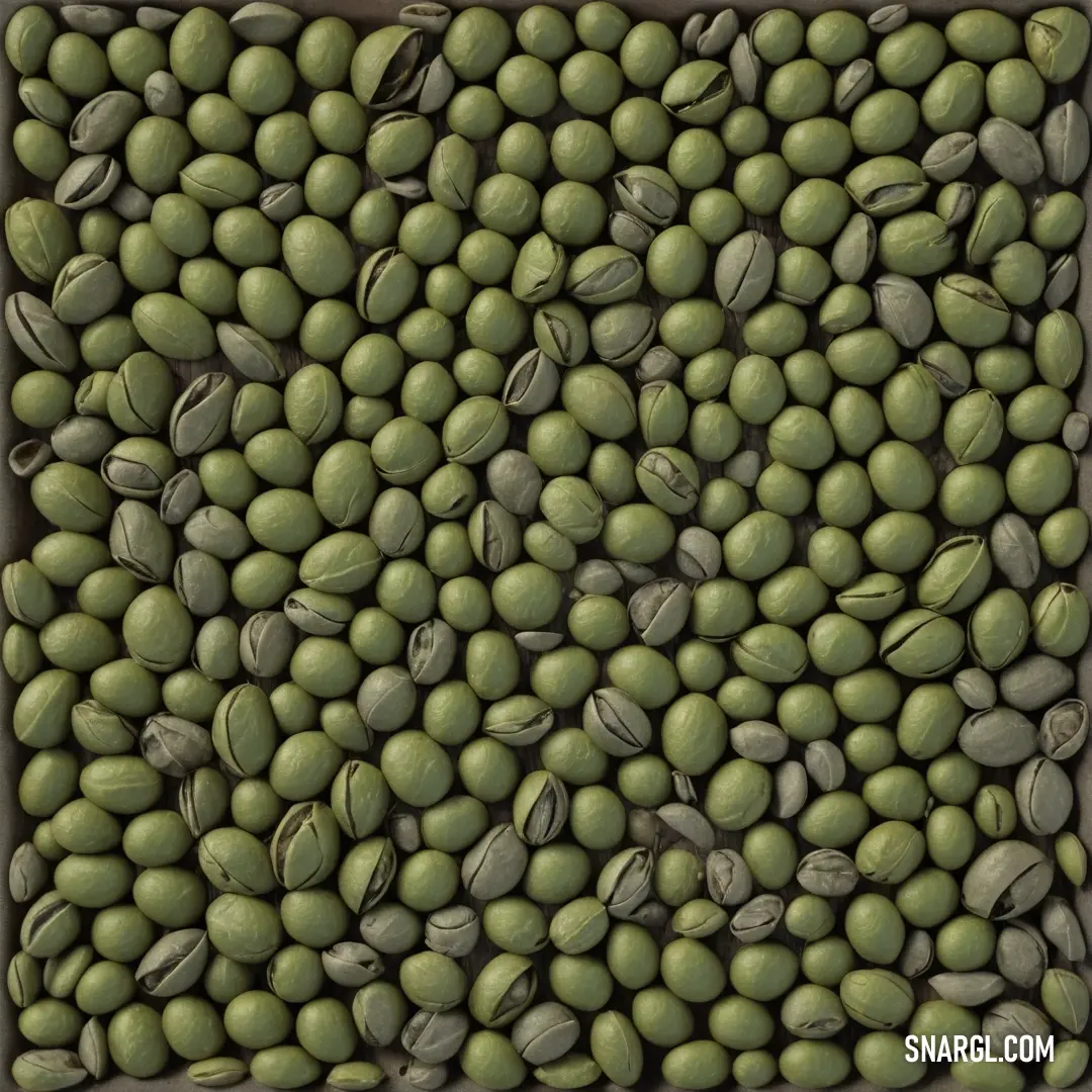 Box of peas with a green pea in the middle of it. Example of CMYK 35,0,45,53 color.