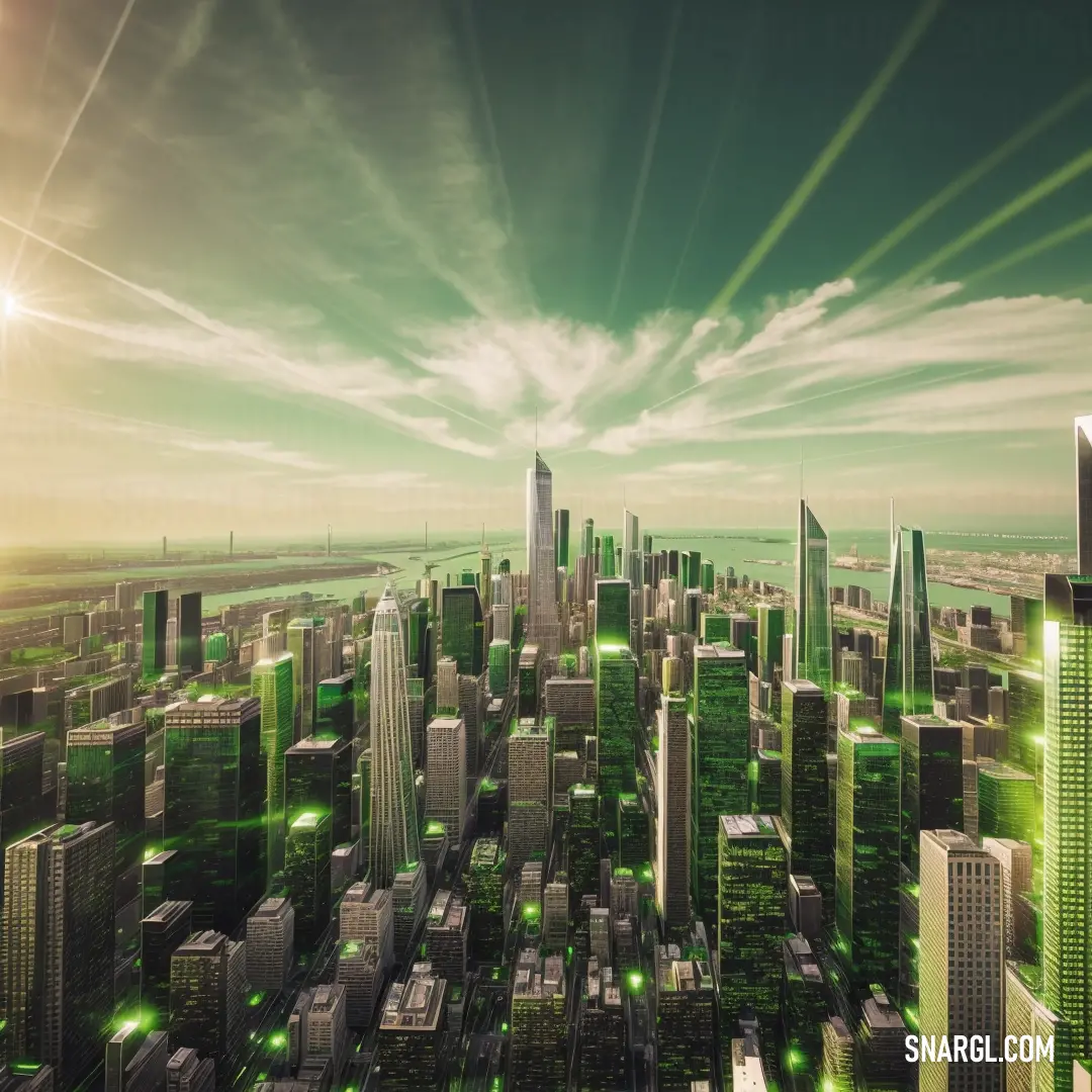 City with a lot of tall buildings and green lights on it's sides and a bright sun shining over the city