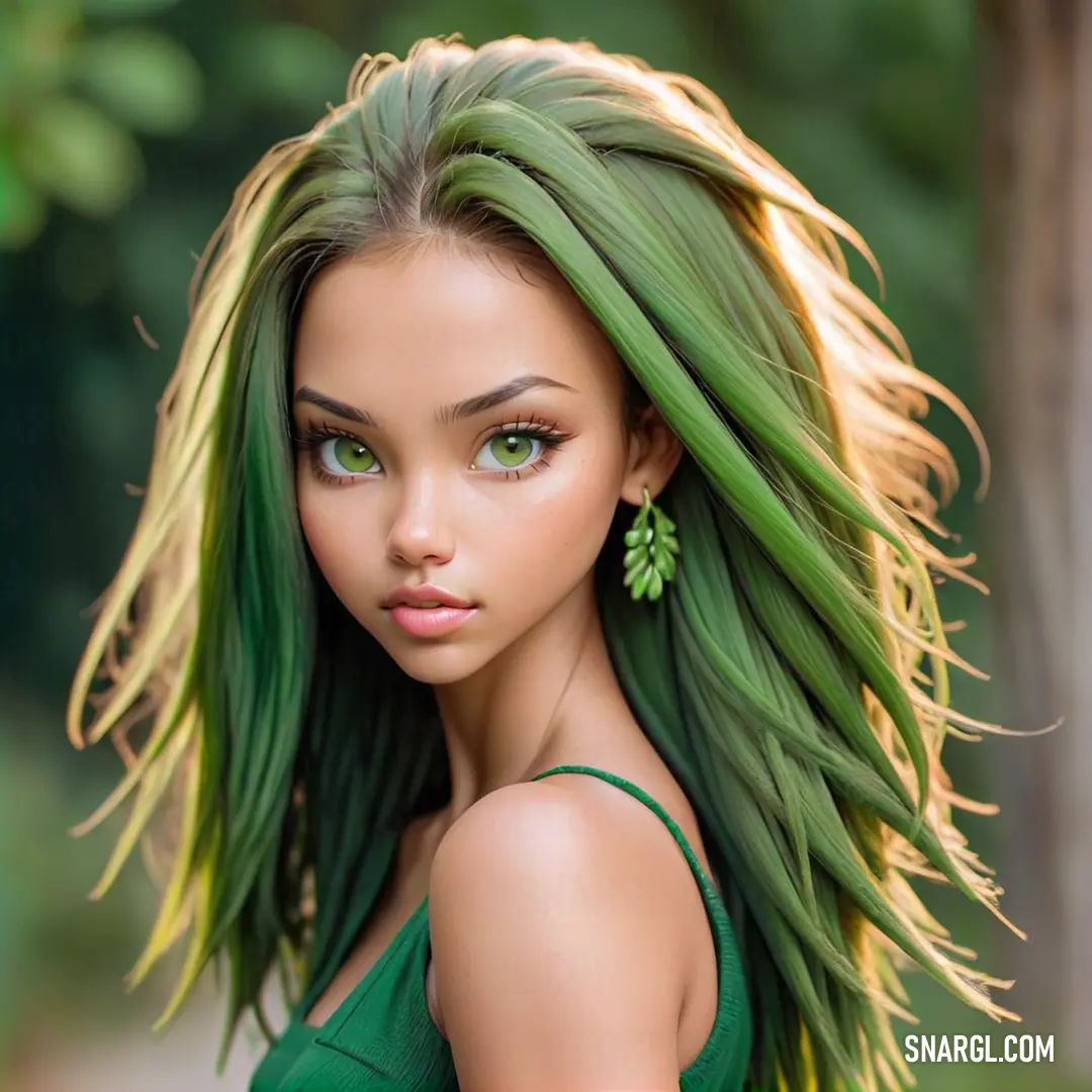 Fern green color. Doll with green hair and green eyes is posed for a picture in a green dress with a leaf on her ear