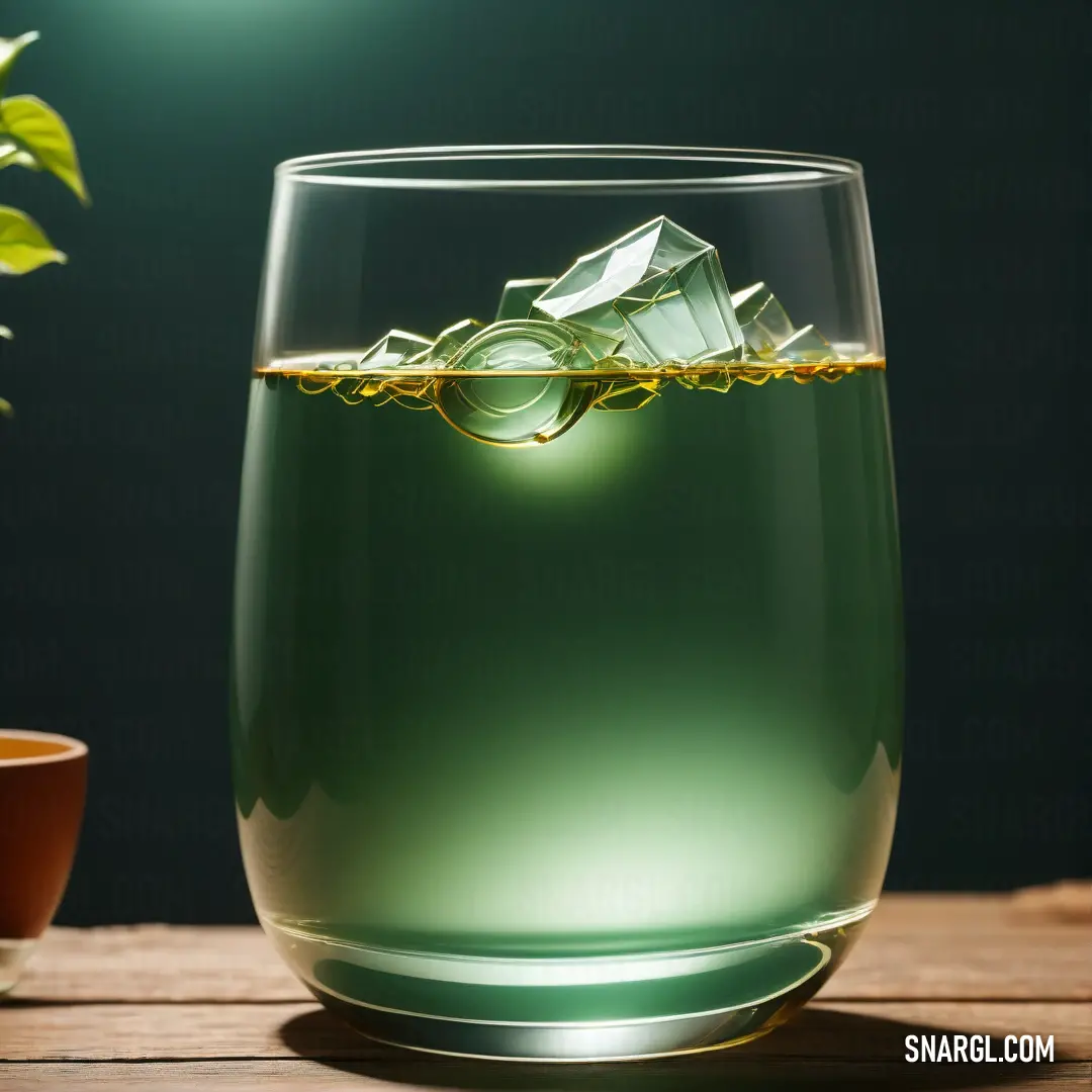 Glass of water with a leaf floating in it and a potted plant in the background. Color CMYK 35,0,45,53.