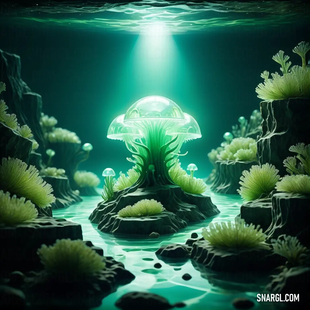 Green underwater scene with a mushroom and plants in the water and rocks. Example of RGB 79,121,66 color.