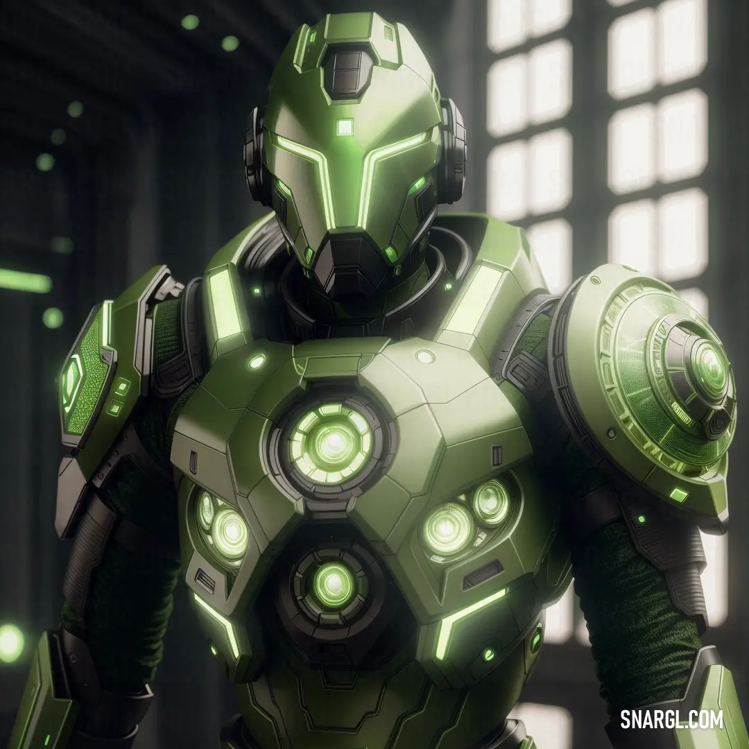 Futuristic man in a green suit with glowing eyes and a helmet on his head