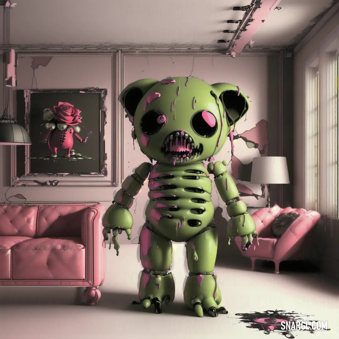 Green and pink skeleton bear standing in a living room with a pink couch