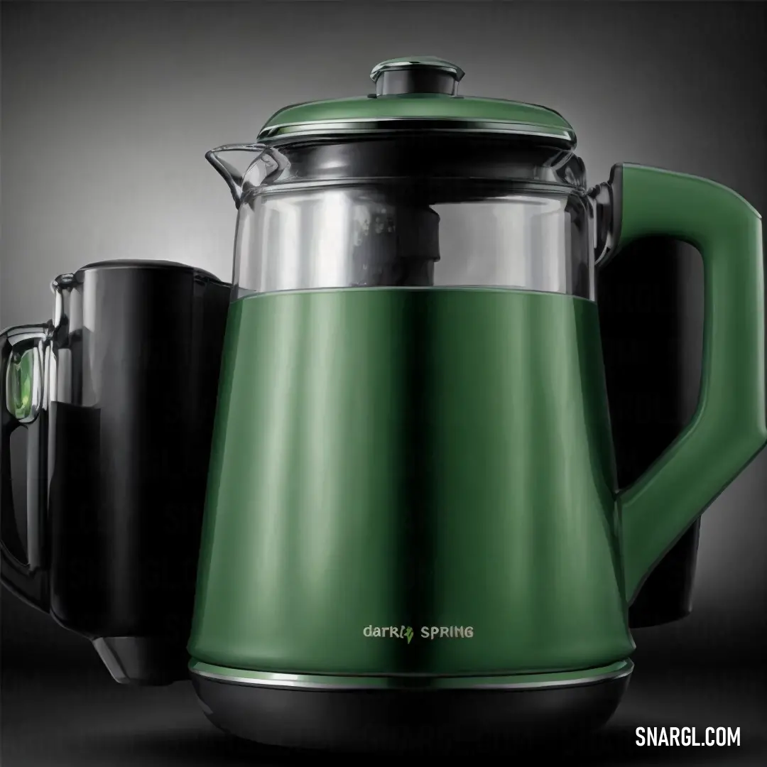 Green coffee pot with a black lid and a black lid on it and a green coffee pot with a black lid. Example of #4F7942 color.