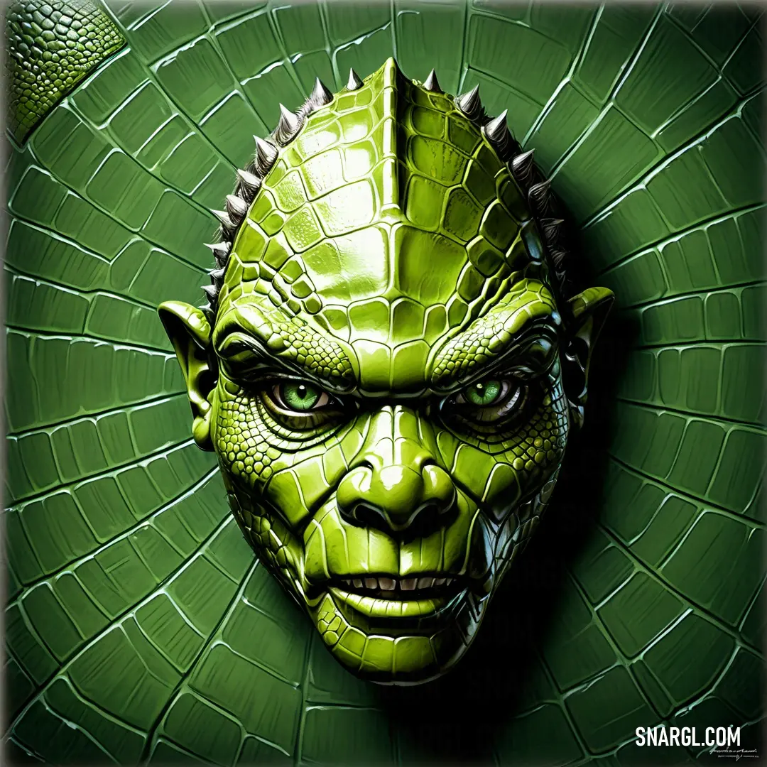 Green creature with a green face and green eyes on a green tile wall with a green background and a white border