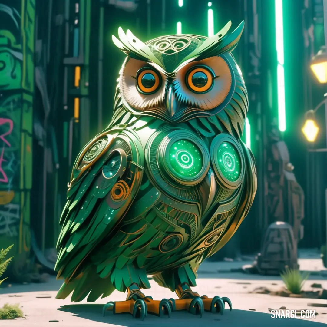 Green owl statue on top of a sidewalk next to a building with a green light on it