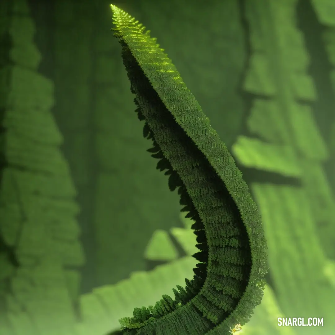 Green plant with a long curved tail in the middle of a forest of leaves and a few other plants