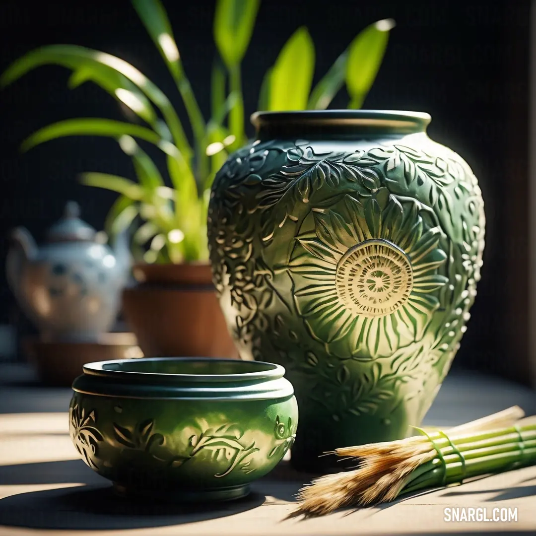 Green vase next to a green plant and a bowl on a table with a bamboo stick in front of it. Color CMYK 35,0,45,53.