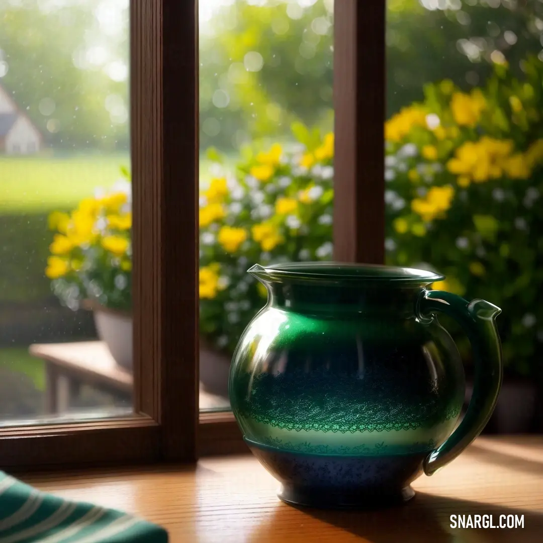 Green vase on a table next to a window with a view of a field outside of it. Example of RGB 79,121,66 color.