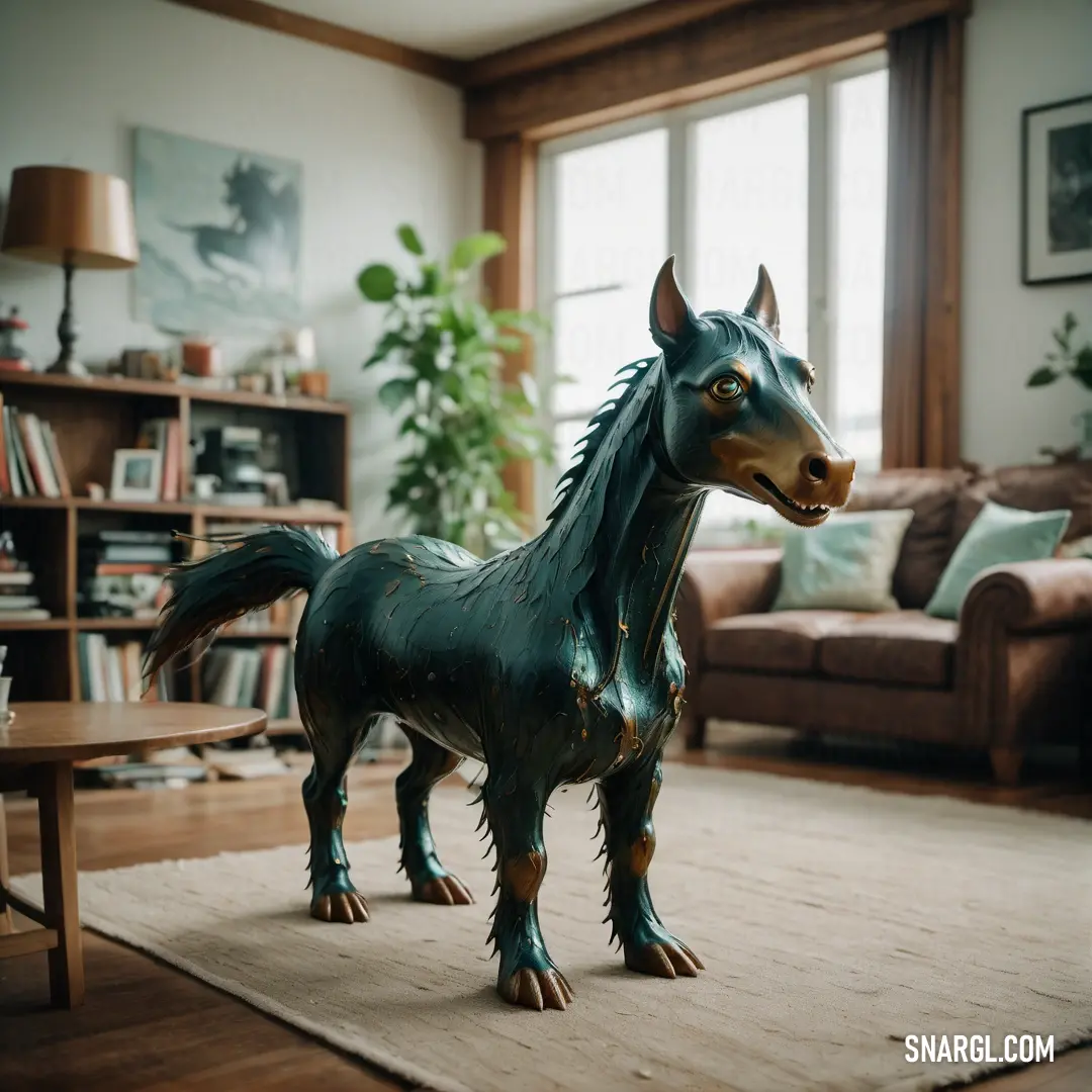 Horse statue is standing on a rug in a living room with a couch and coffee table in the background