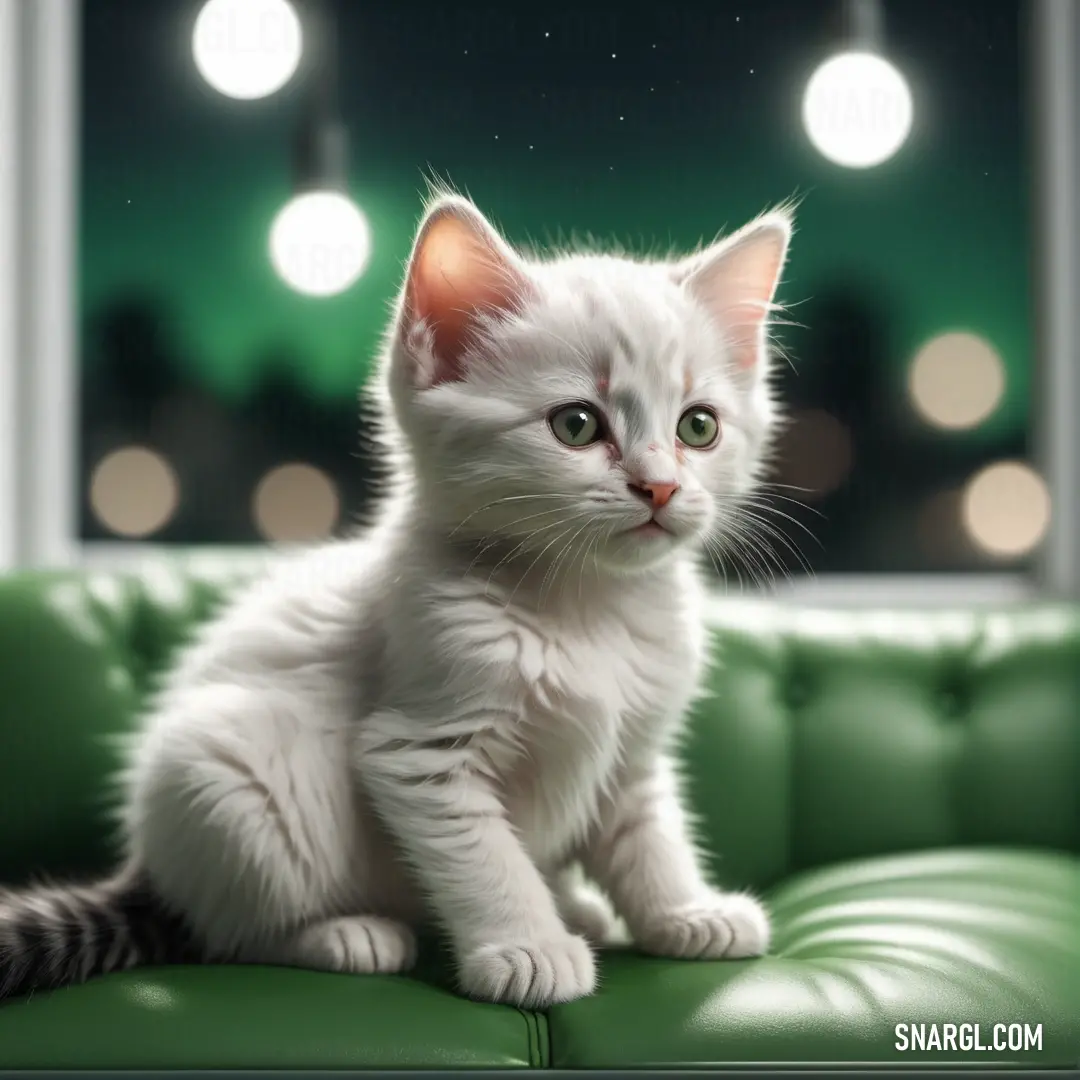 White kitten on a green couch in front of a window with lights on it's sides
