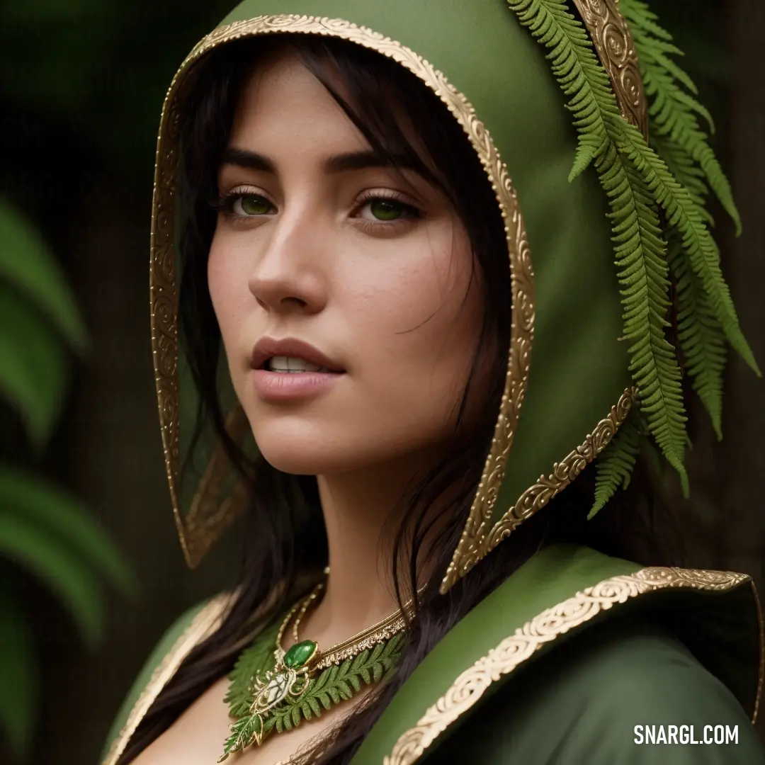 Woman in a green costume with a green hood and a green necklace and a fern leaf on her head