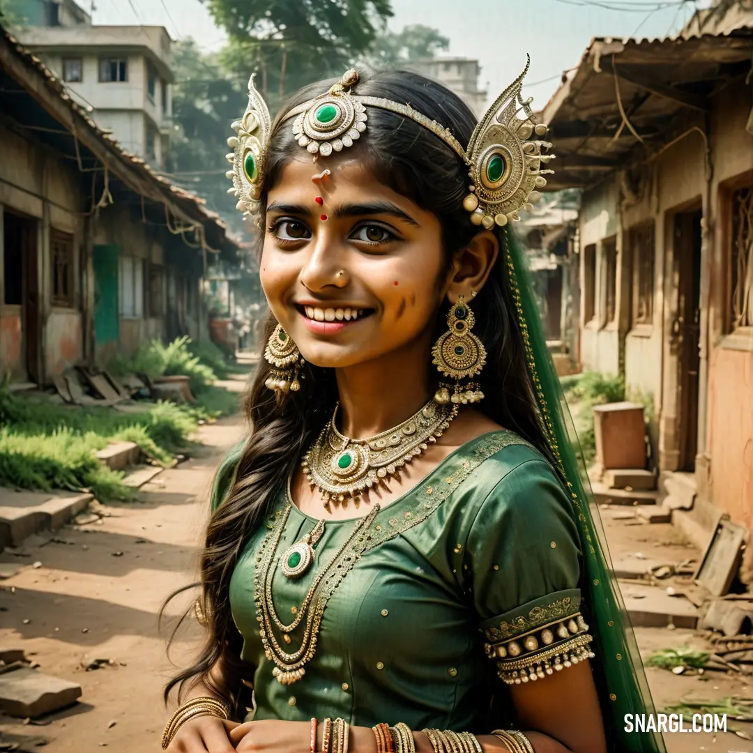 Fern green color. Woman in a green sari and gold jewelry smiling for the camera in a village in india