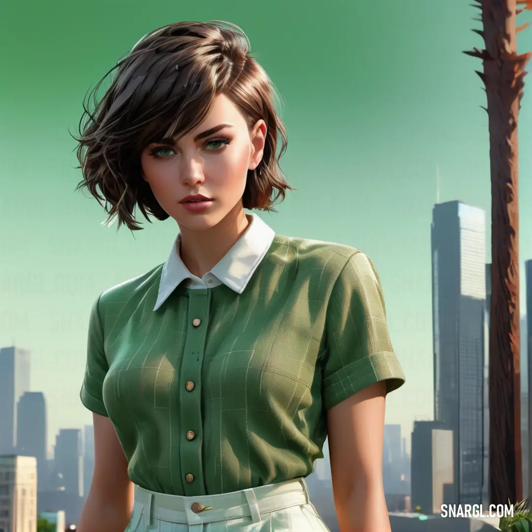 Woman in a green shirt and white skirt standing in front of a cityscape with a palm tree. Example of CMYK 35,0,45,53 color.