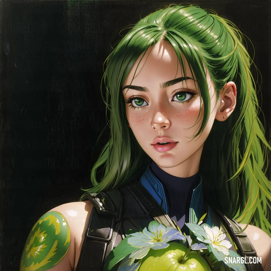 Woman with green hair holding an apple