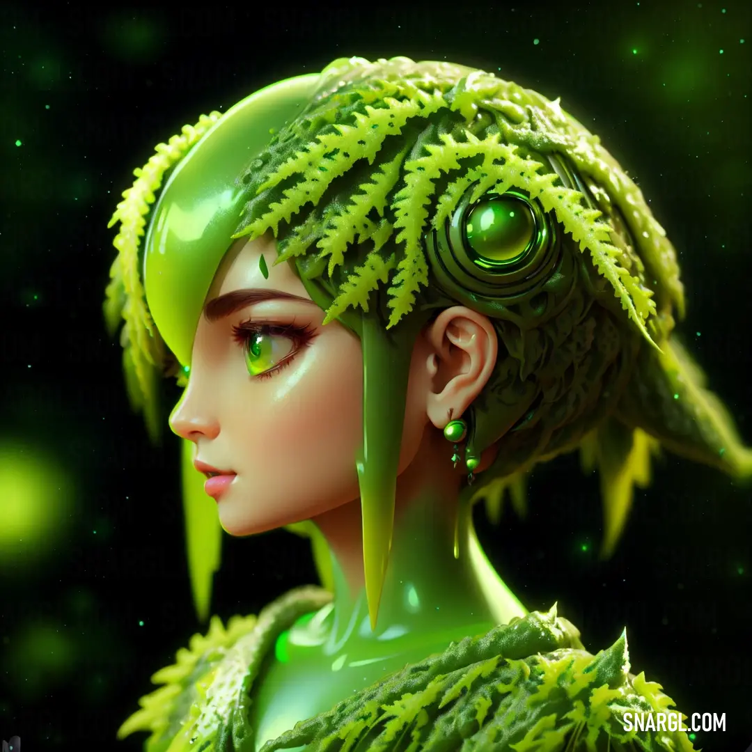 Woman with green hair and a green dress with leaves on it's head