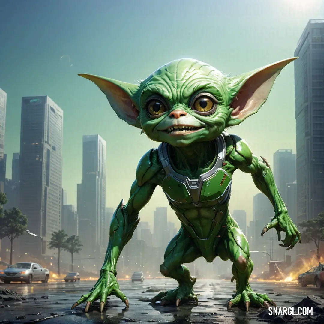 Cartoon character is standing in the middle of a city street with a city skyline in the background and a green creature with large ears