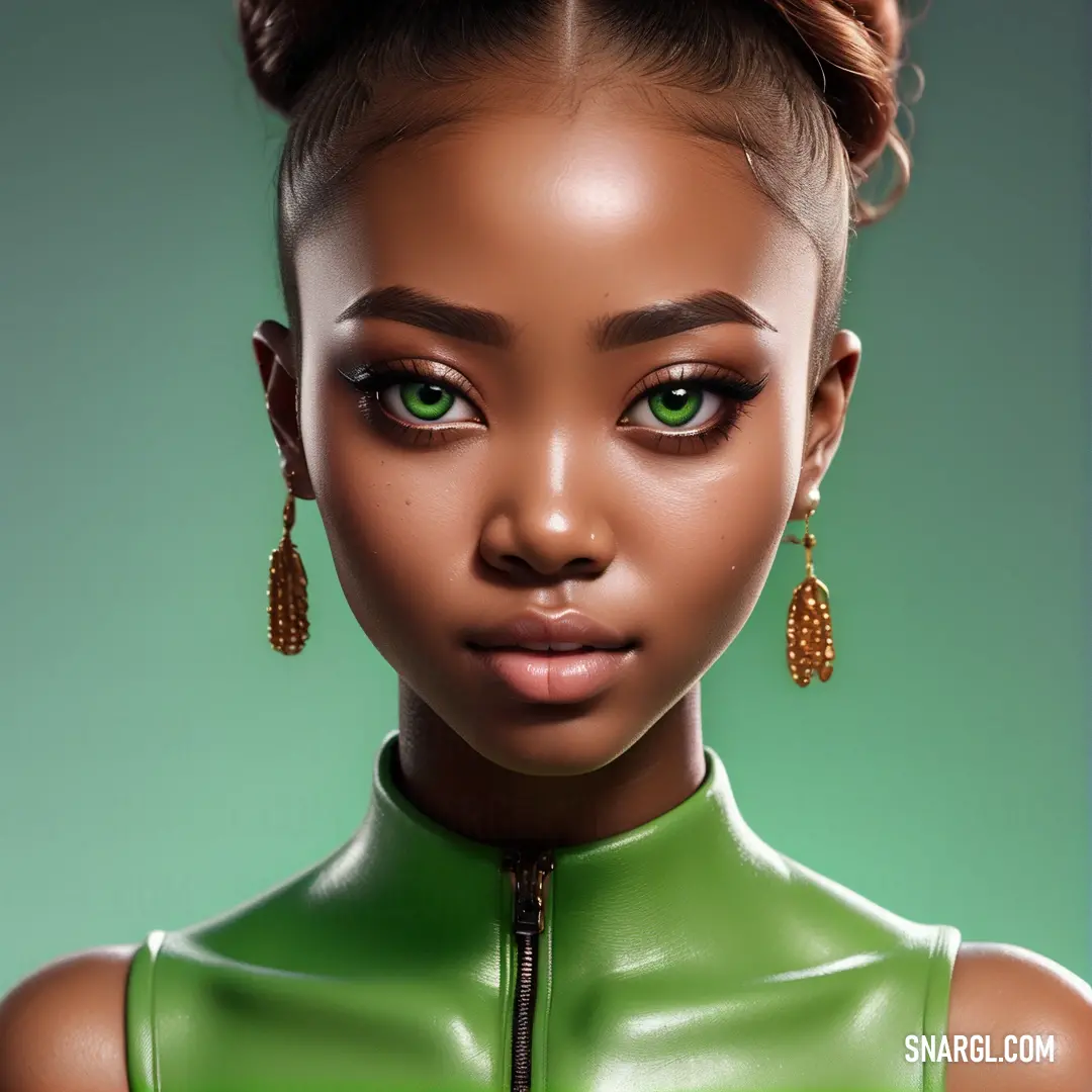 Digital painting of a woman with green eyes and a green dress with gold earrings on her head. Example of #71BC78 color.