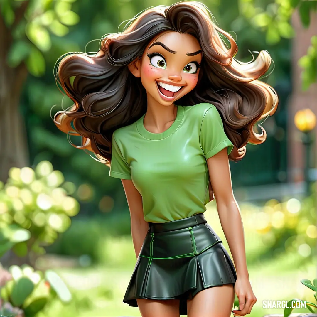 Cartoon girl with long hair and a green shirt is smiling and walking through a park. Color RGB 113,188,120.