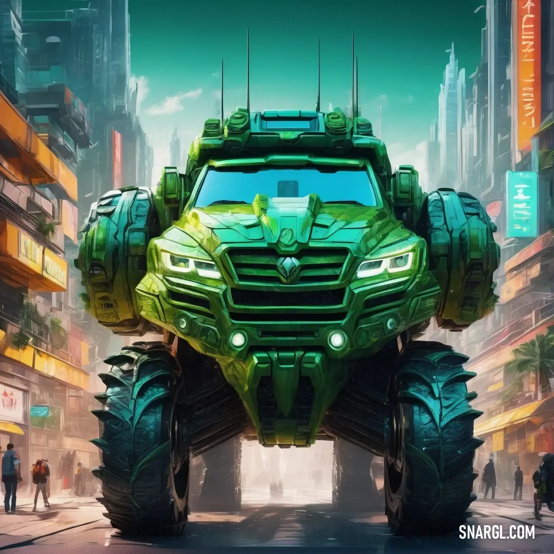 Futuristic vehicle with a huge body of green paint on it's face and wheels. Color Fern.