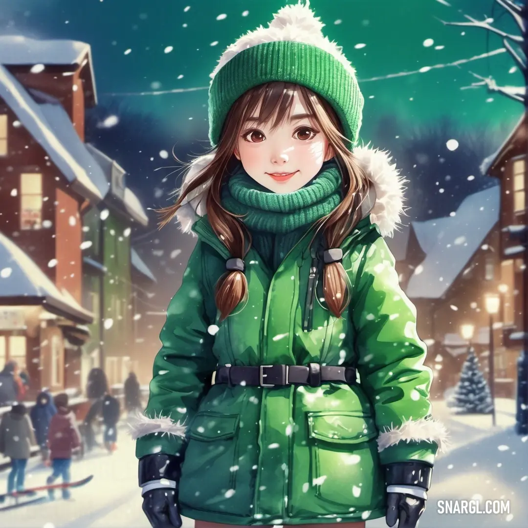 Fern color. Girl in a green coat and hat standing in the snow in front of a snowy town with people