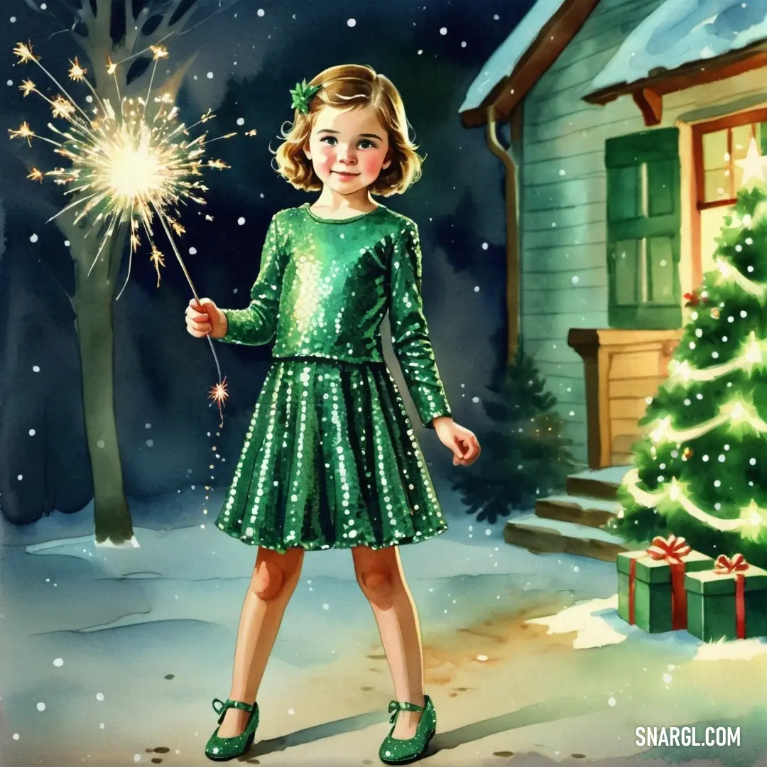 Fern color example: Girl in a green dress holding a sparkler in front of a christmas tree and a house