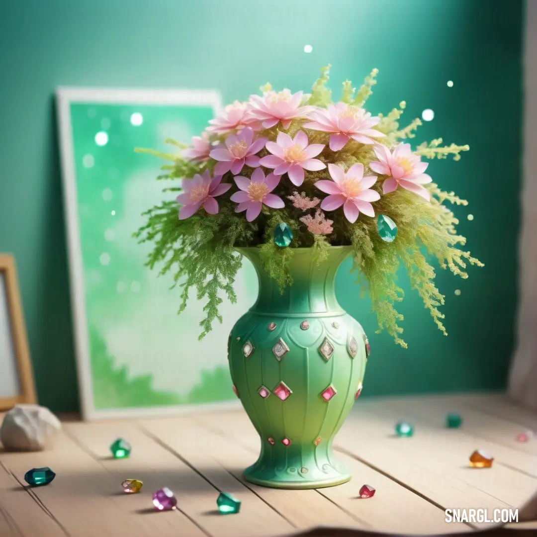 Green vase with pink flowers on a table with confetti scattered around it and a picture frame. Color #71BC78.