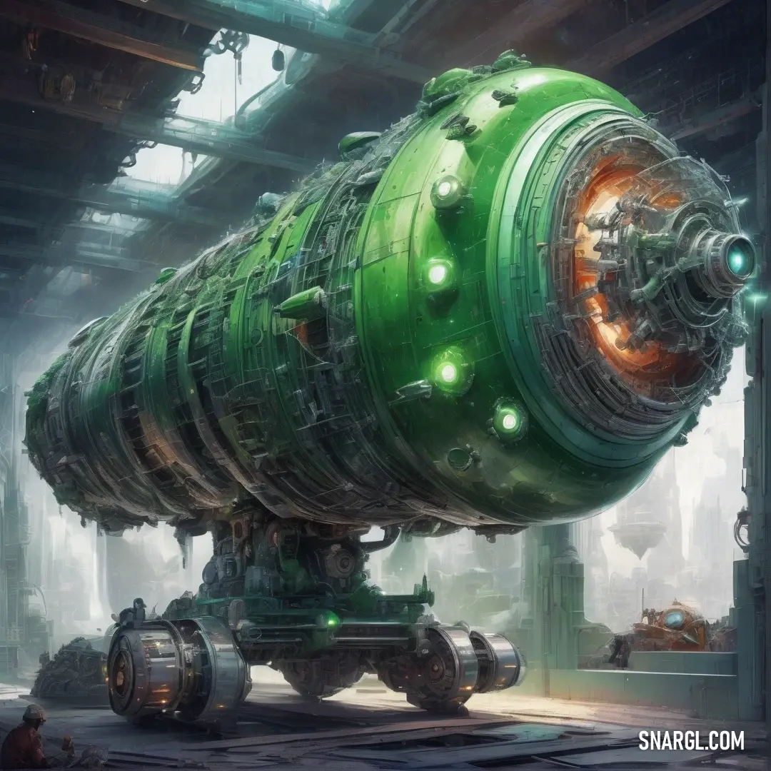 Large green machine with lights on it's side in a factory area with workers nearby and a man on the floor. Color CMYK 40,0,36,26.