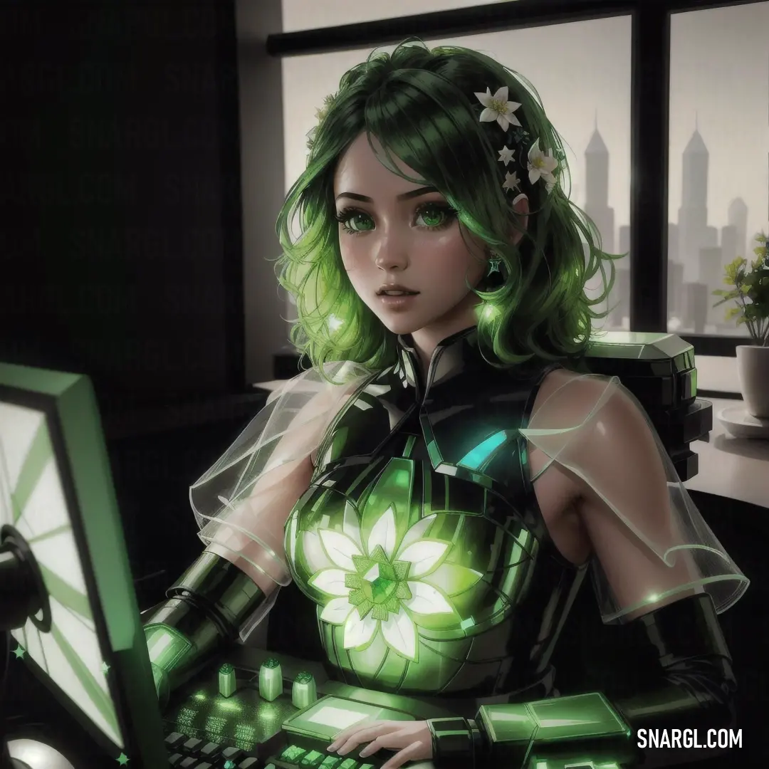 Fern color example: Woman in a futuristic suit is using a computer keyboard and mouse, with a city in the background