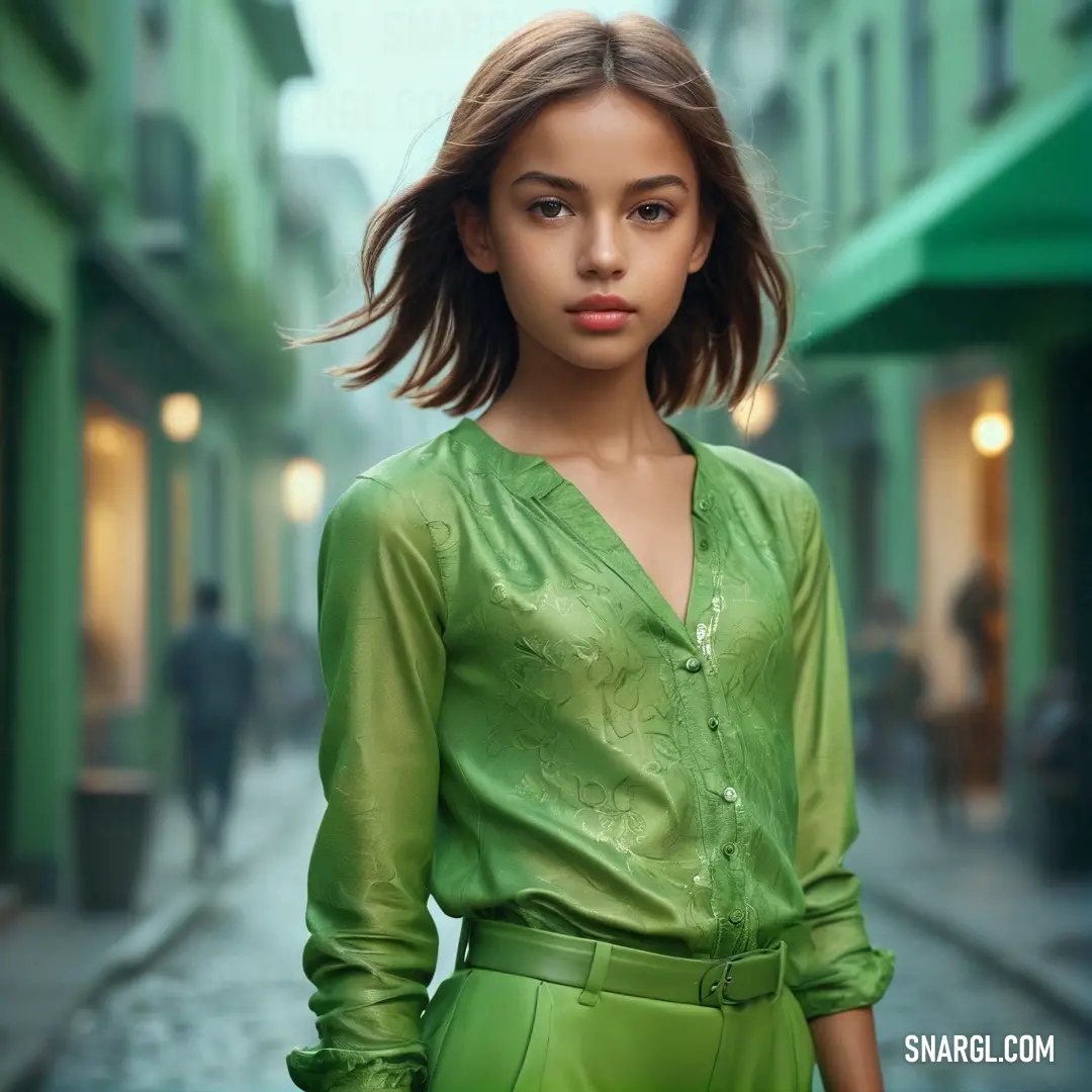 Woman in a green dress standing on a street corner with a man walking by her in the background. Color CMYK 40,0,36,26.