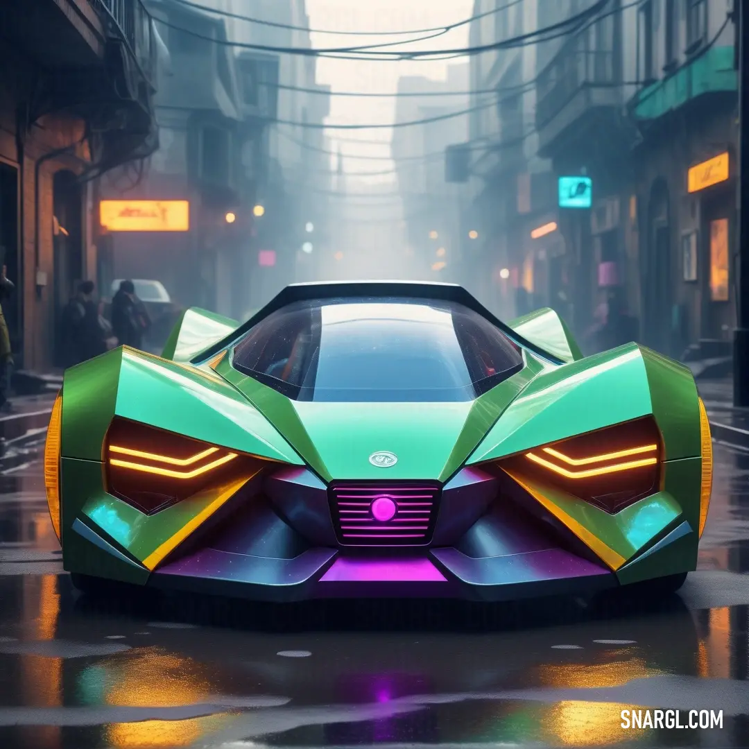 Futuristic car is parked on a wet street in the rain. Example of CMYK 40,0,36,26 color.