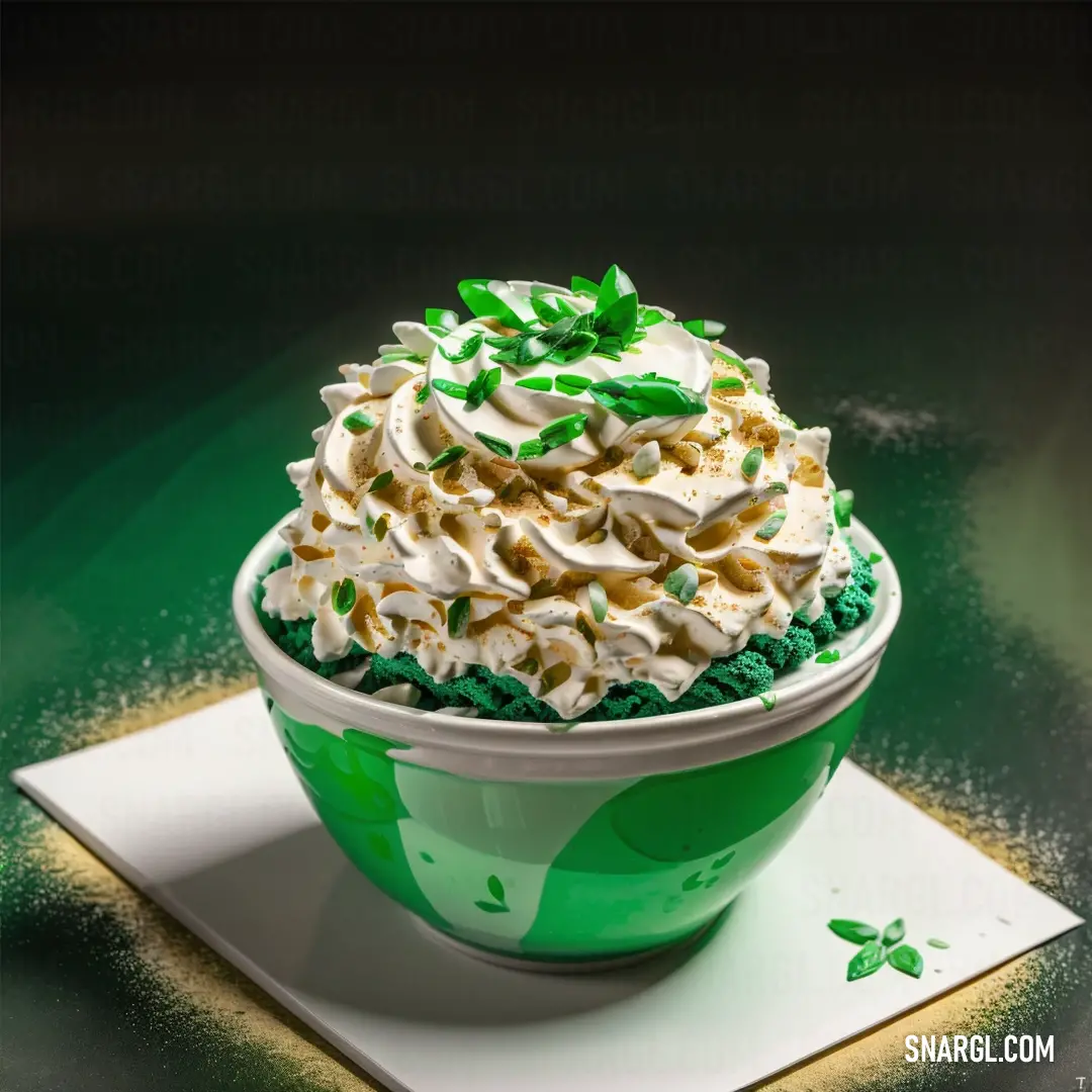 Green and white cup with a green and white frosting on top of it and shamrock decorations on the side