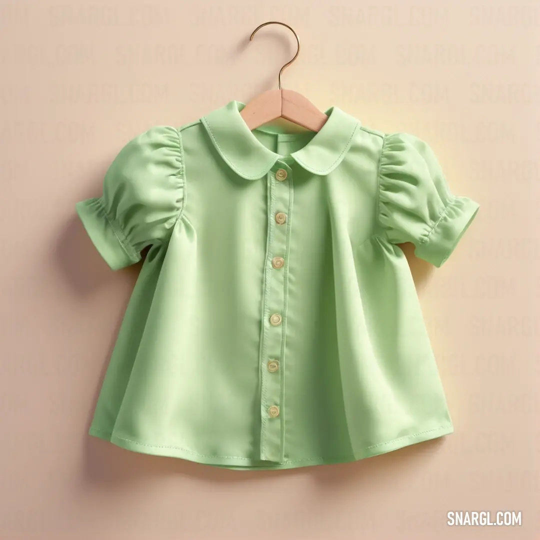 Green blouse hanging on a hanger on a wall with a pink background. Example of #71BC78 color.