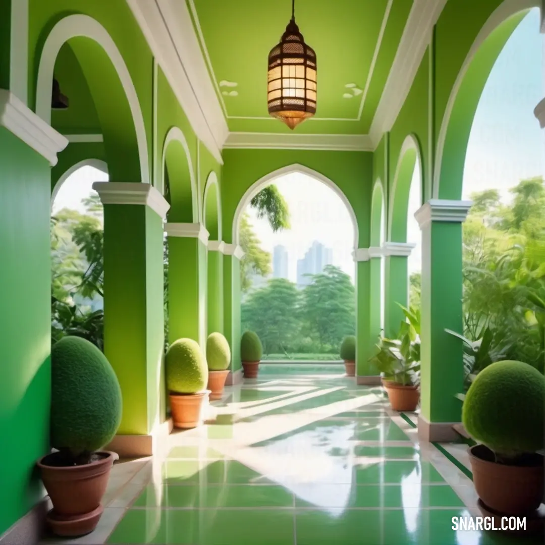 Green hallway with potted plants and a lantern hanging from the ceiling of the room with arches. Color CMYK 40,0,36,26.