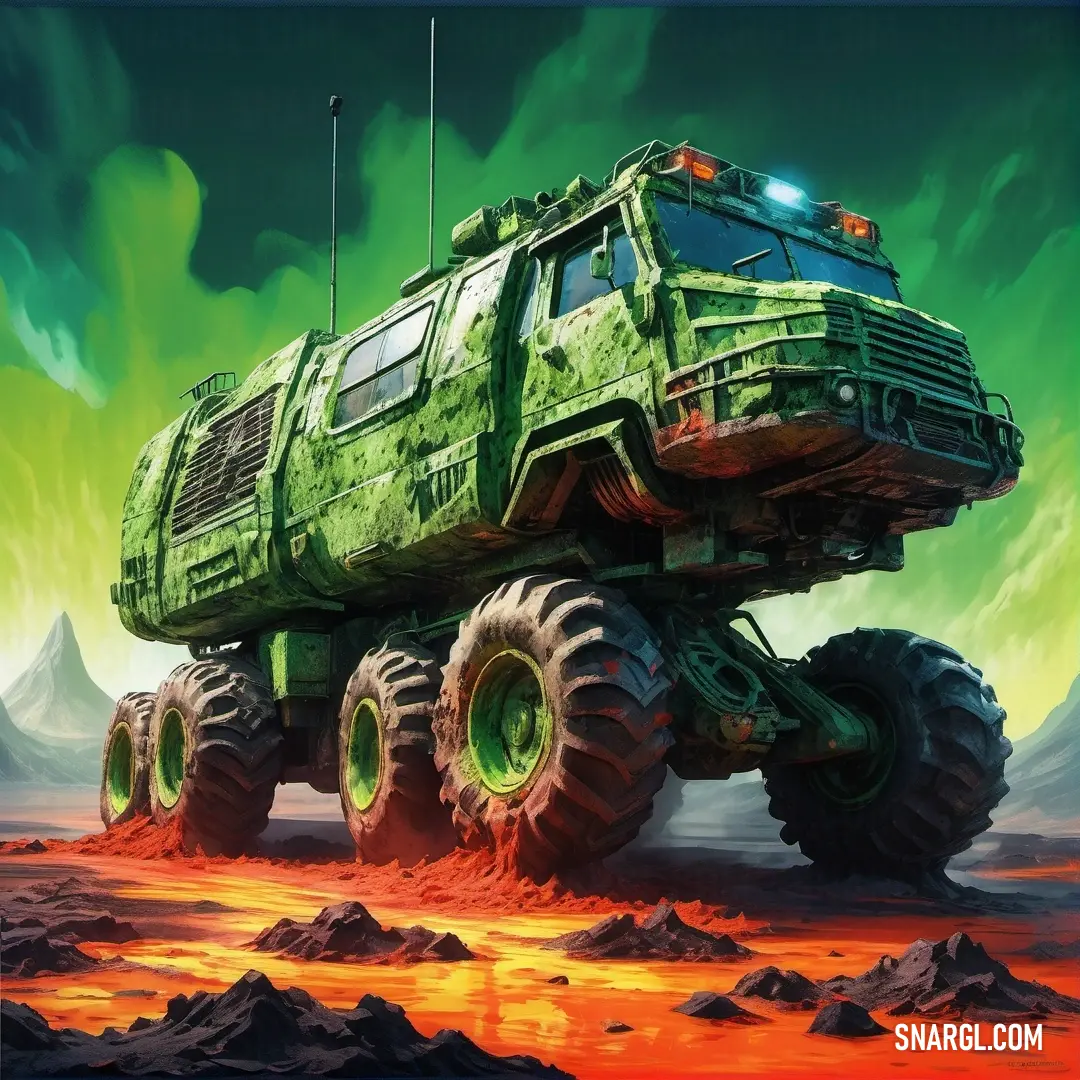 Green monster truck driving through a desert landscape with mountains in the background. Example of RGB 113,188,120 color.