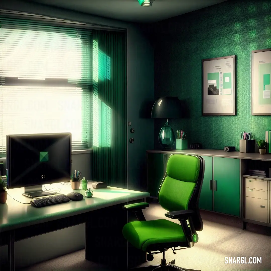 Green office with a computer and a green chair in front of a window with blinds on it