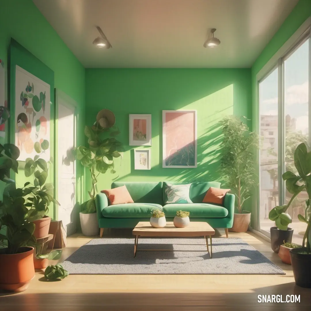 Living room with green walls and a couch and a table with a plant on it and a large window. Color #71BC78.
