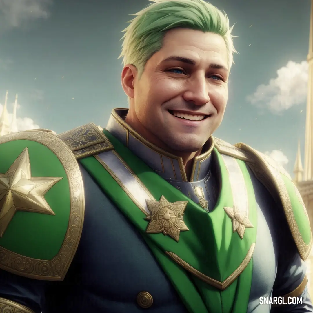 Man in a green uniform with a star on his chest and a green hair and beard smiling at the camera