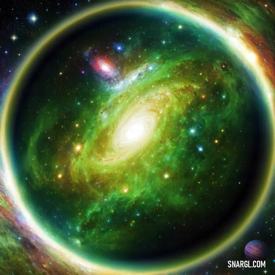 Painting of a spiral galaxy with a bright green center and a bright blue center with stars in the background