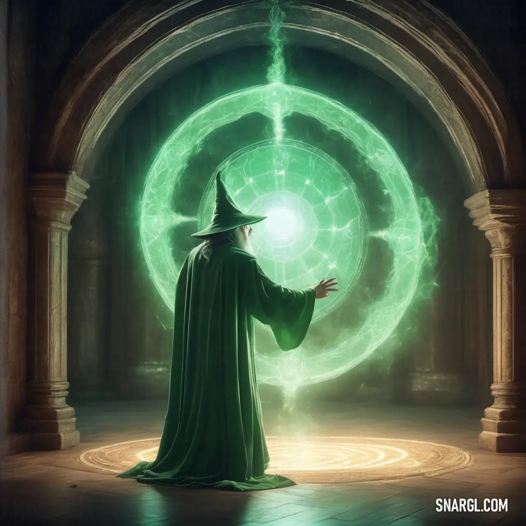 Wizard standing in front of a green ring with a wizard hat on it's head