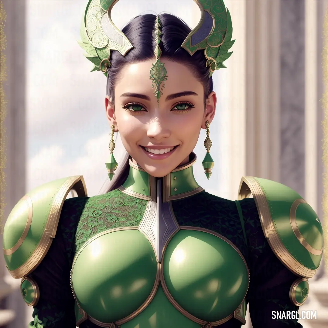 Woman in a green and gold outfit with horns and a smile on her face. Color #71BC78.