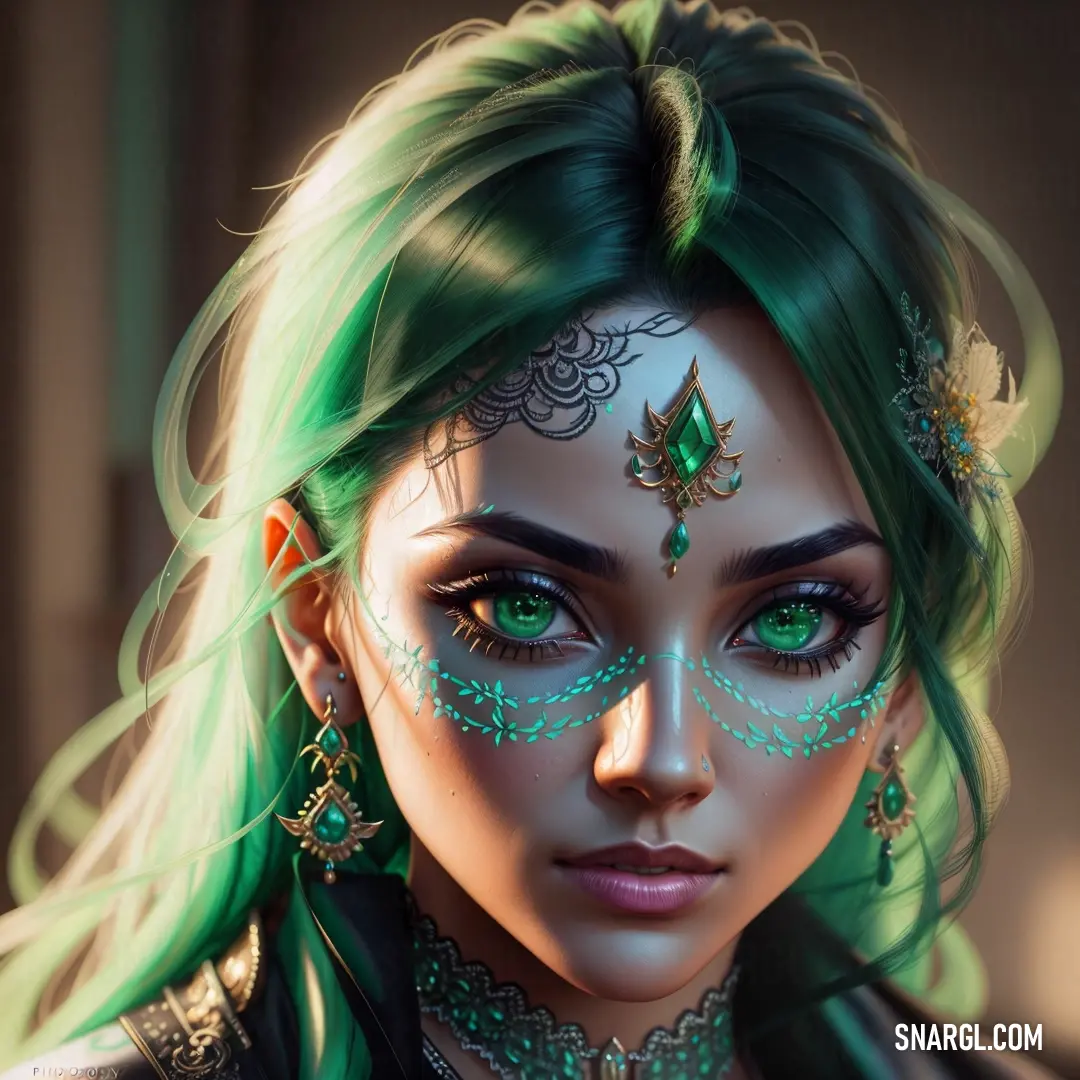 Woman with green hair and a green face make up with jewels and jewels on her face