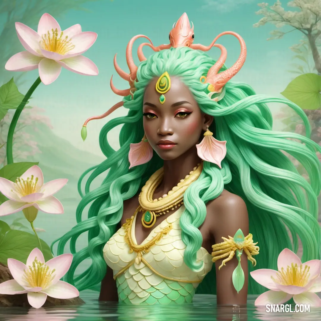 Woman with green hair and a flower in her hair is standing in water with flowers around her head