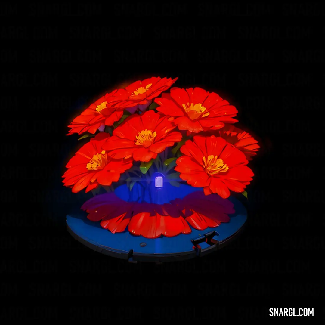 Blue vase with red flowers in it on a table top with a black background and a blue plate with a blue vase